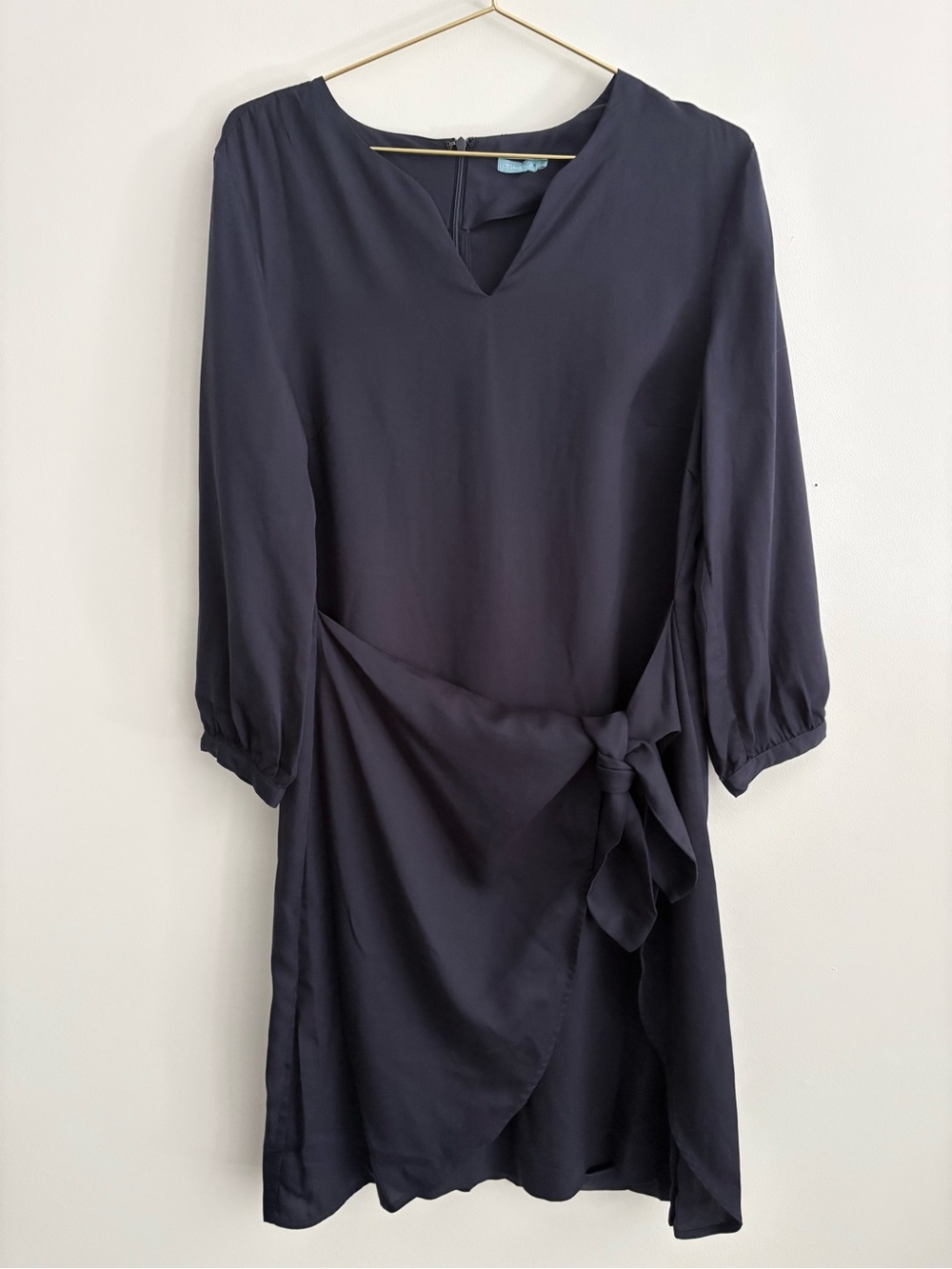 J. McLaughlin Ciara Navy Faux Wrap Shift Dress Tie Front Career Zip Back Size L